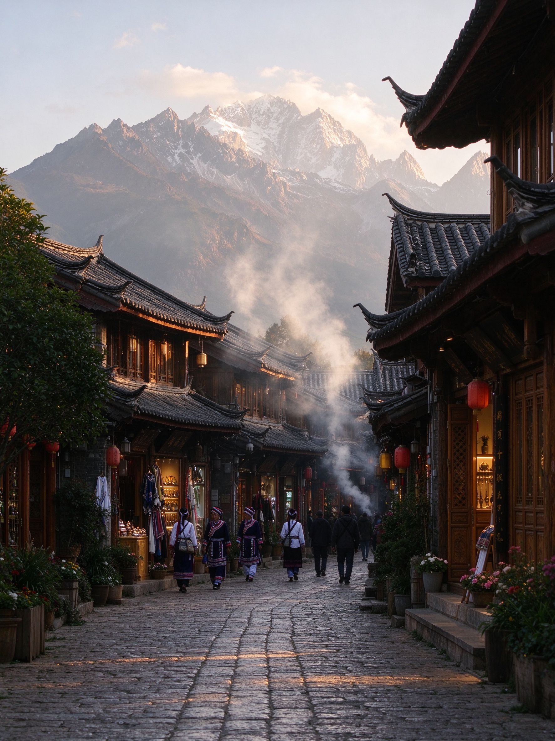丽江大研古城清晨与玉龙雪山